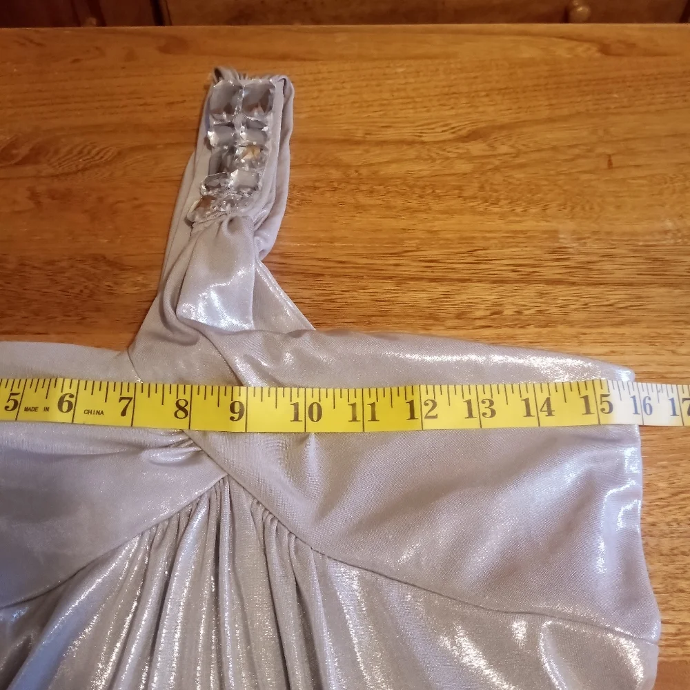 Jessica McClintock size 10 silver one shoulder rhinestone cocktail dress - Picture 5 of 6
